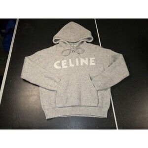CELINE Paris 100% Wool Angora Logo Knit Hoodie Gray Made in Italy Women's Medium